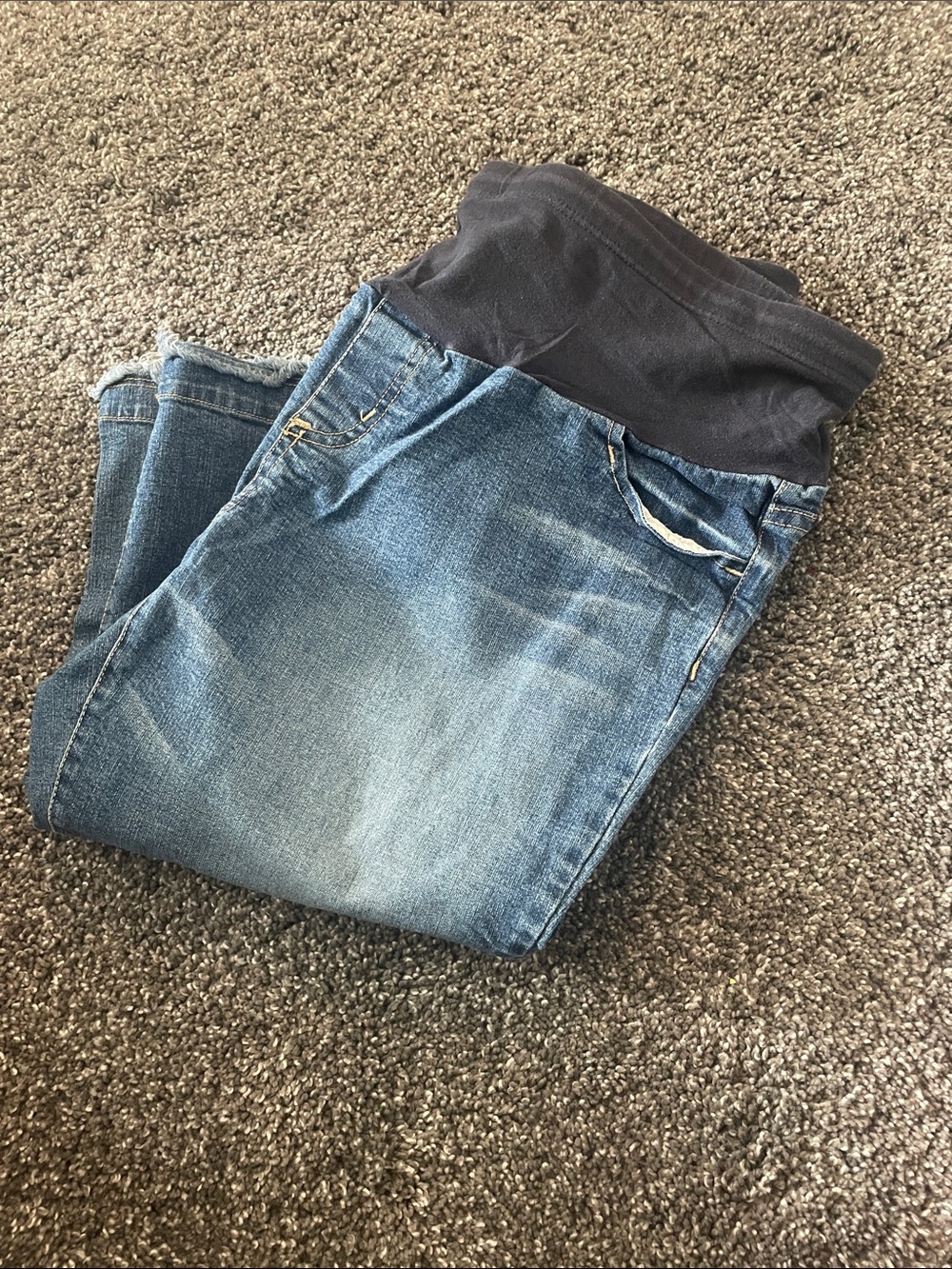 Maternity Blue Stretch Denim Cropped Jeans with Black Knit Waistband